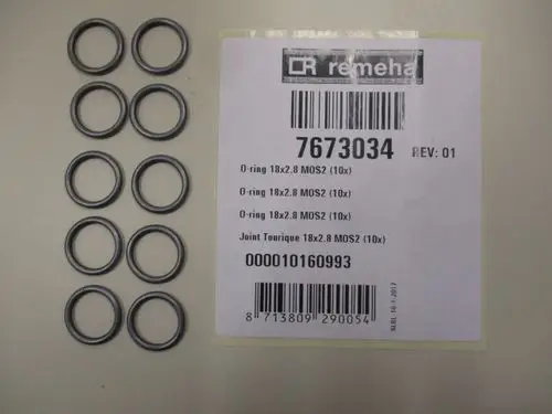 O-Ringe in zwei Reihen angeordnet, mit Remeha-Logo und Artikelinformationen auf einem Etikett im Bild. Die O-Ringe sind in einer neutralen Farbe dargestellt.